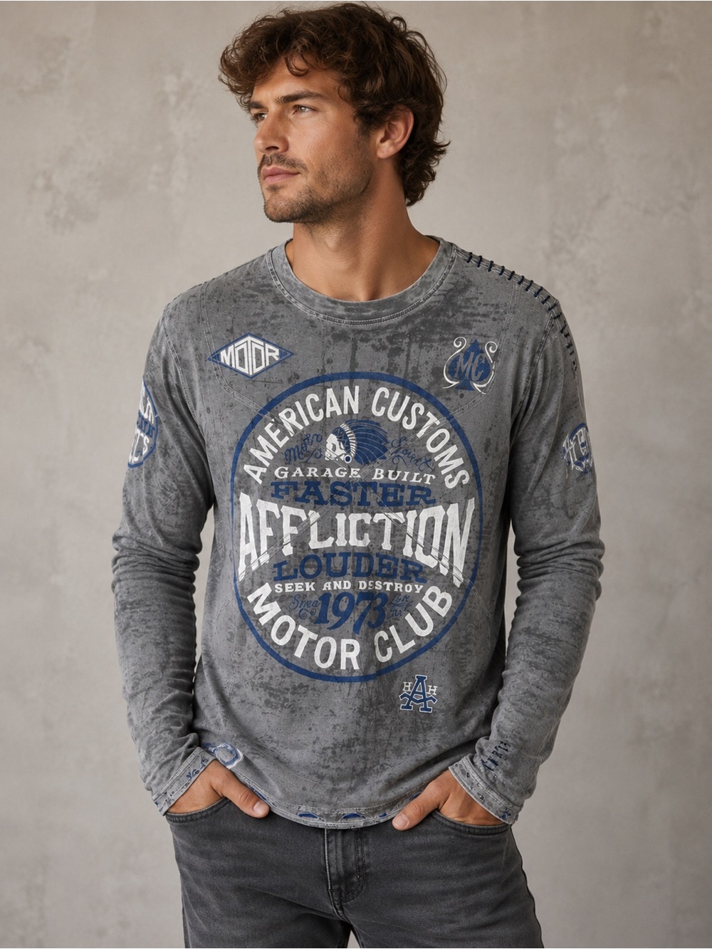 Affliction Gray Long-Sleeve Motor Club Graphic Tee with Blue Accents